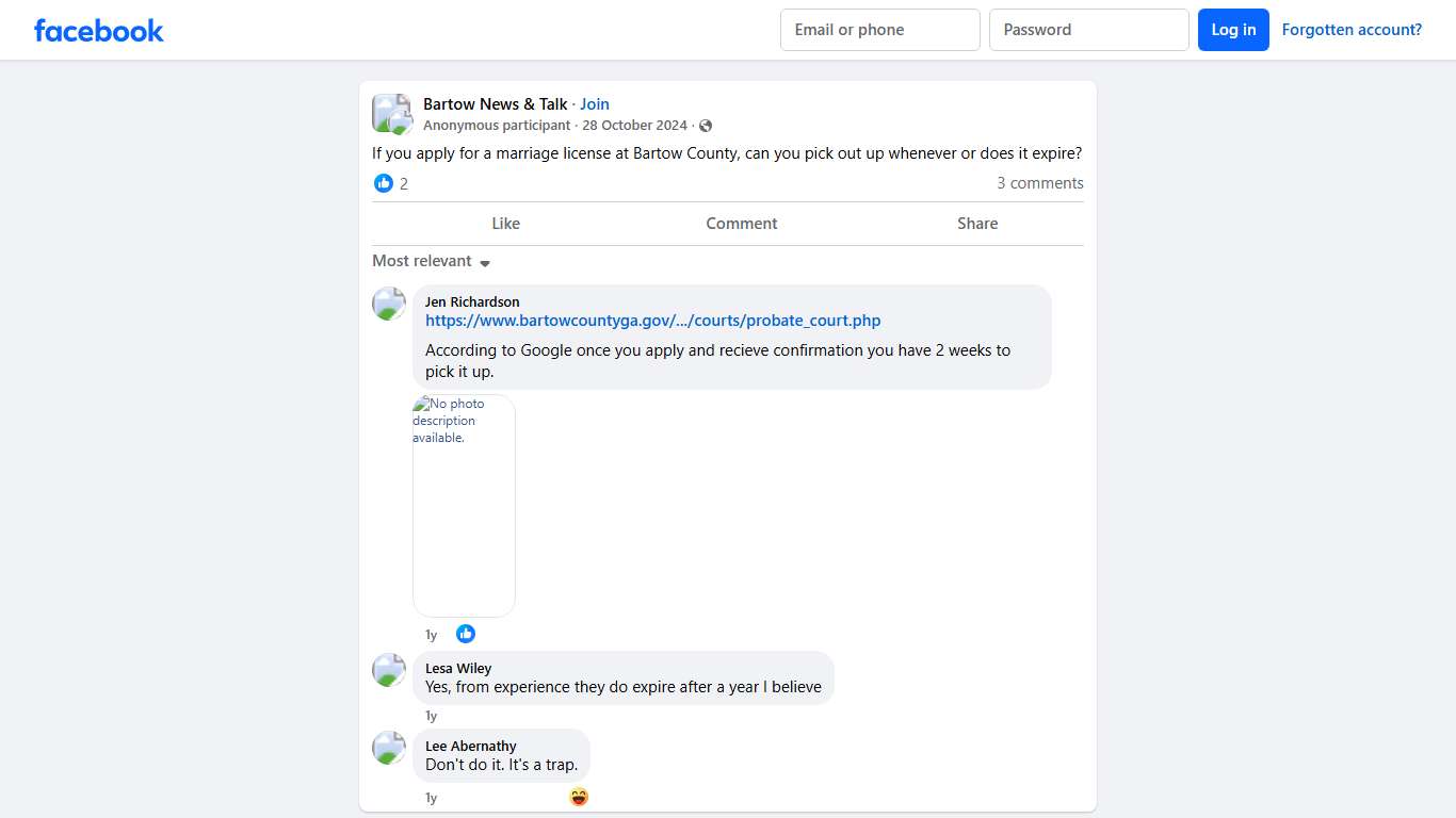 Bartow News & Talk If you apply for a marriage license at Bartow County, can you pick out up whenever or does it expire Facebook